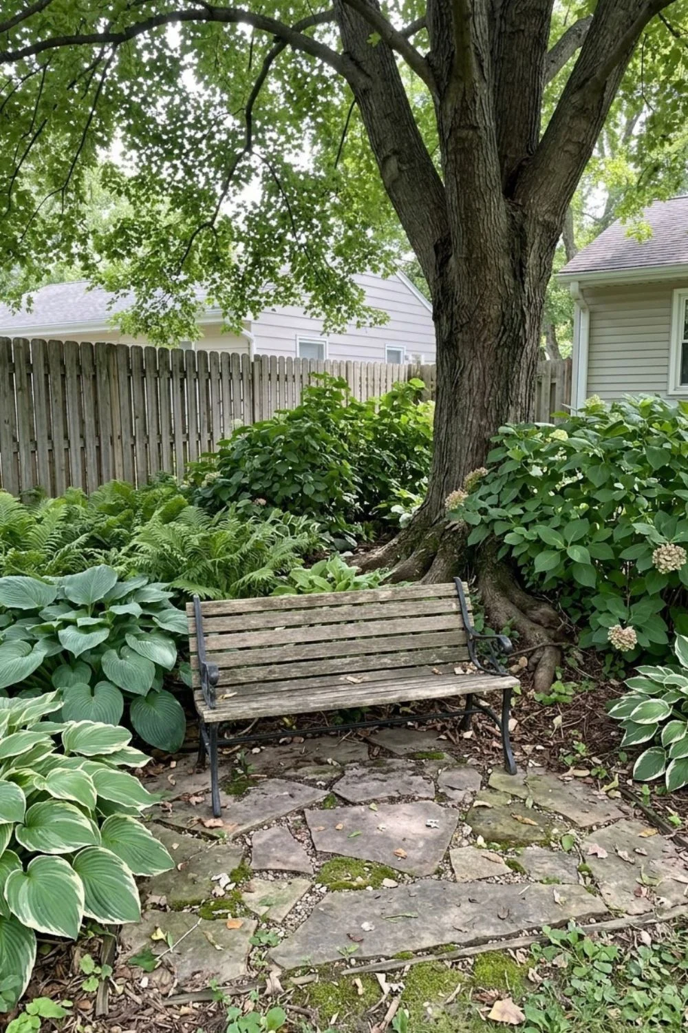 Shade Garden Seating Area in a shaded suburban backyard garden