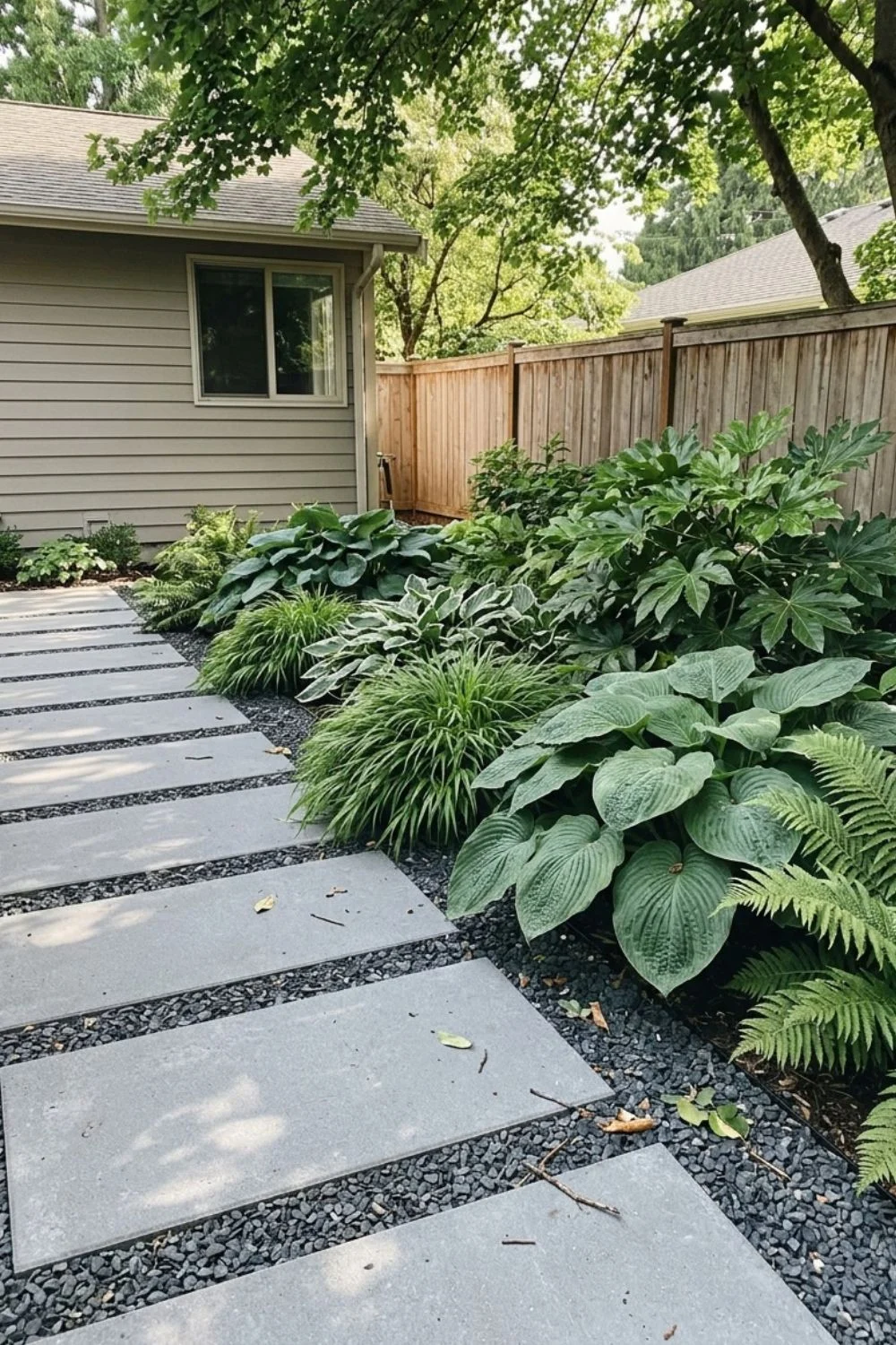 Modern Minimalist Shade Garden in a shaded suburban backyard garden