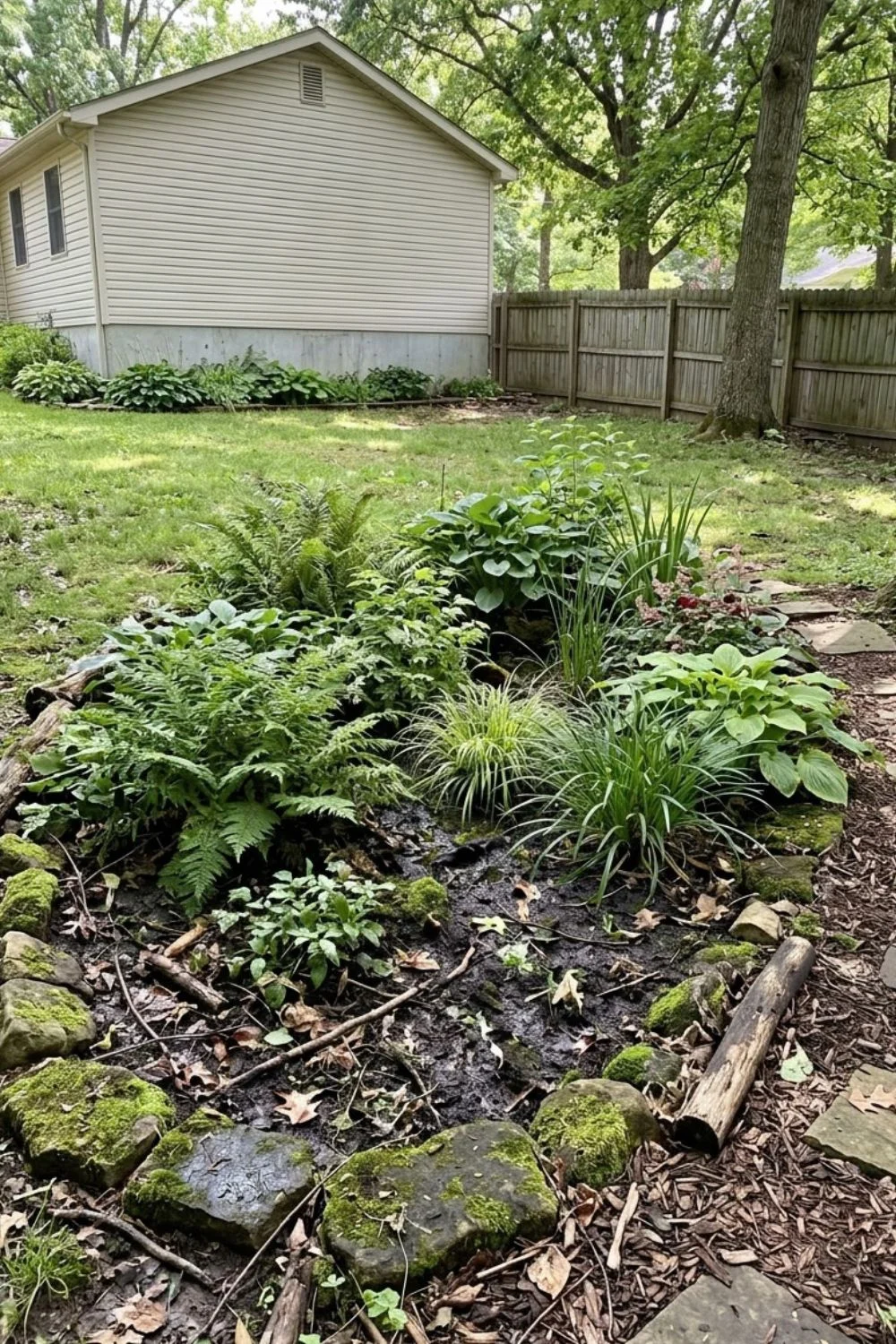 Bog Garden in a Shaded Area in a shaded suburban backyard garden
