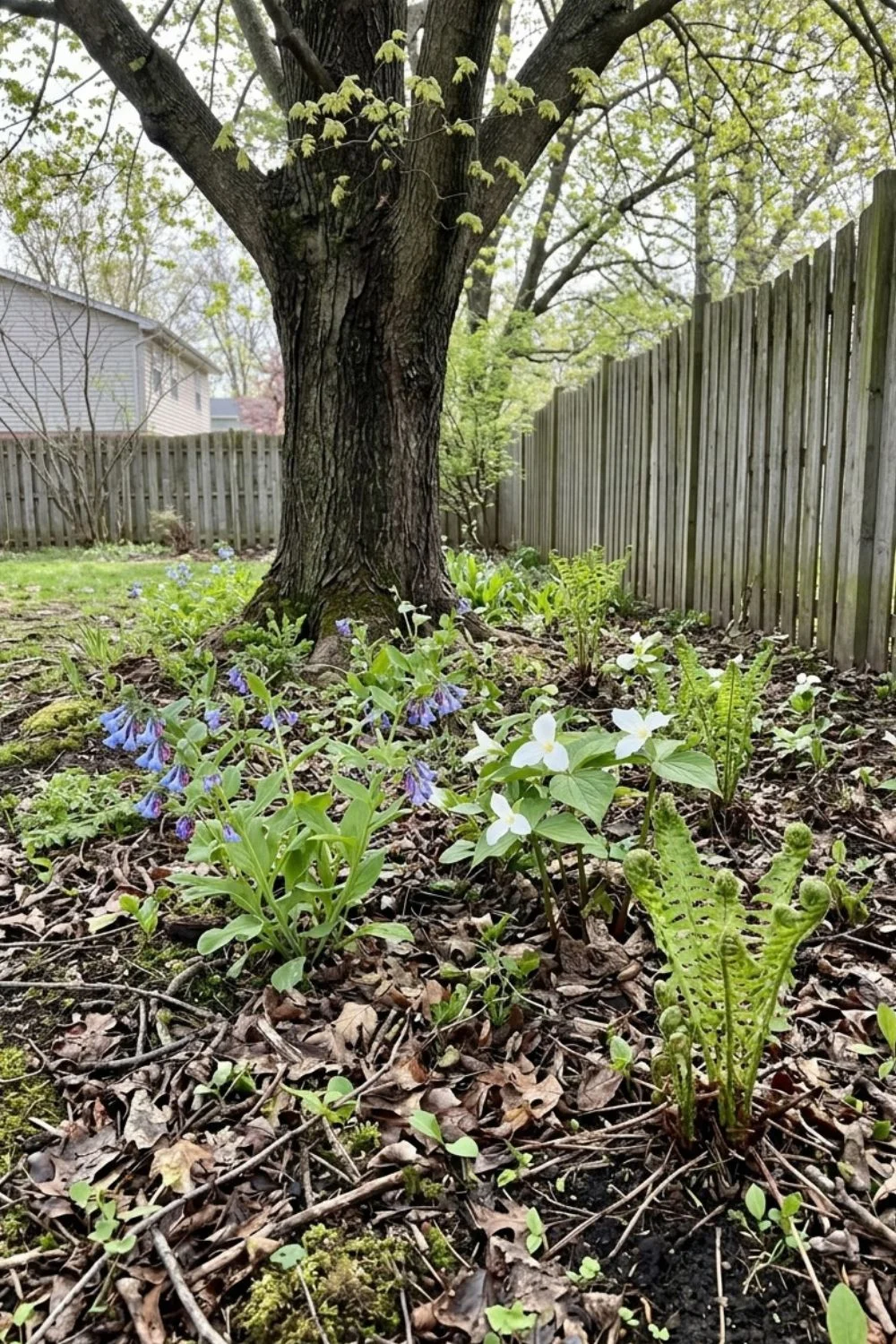 Spring Ephemeral Garden in a shaded suburban backyard garden