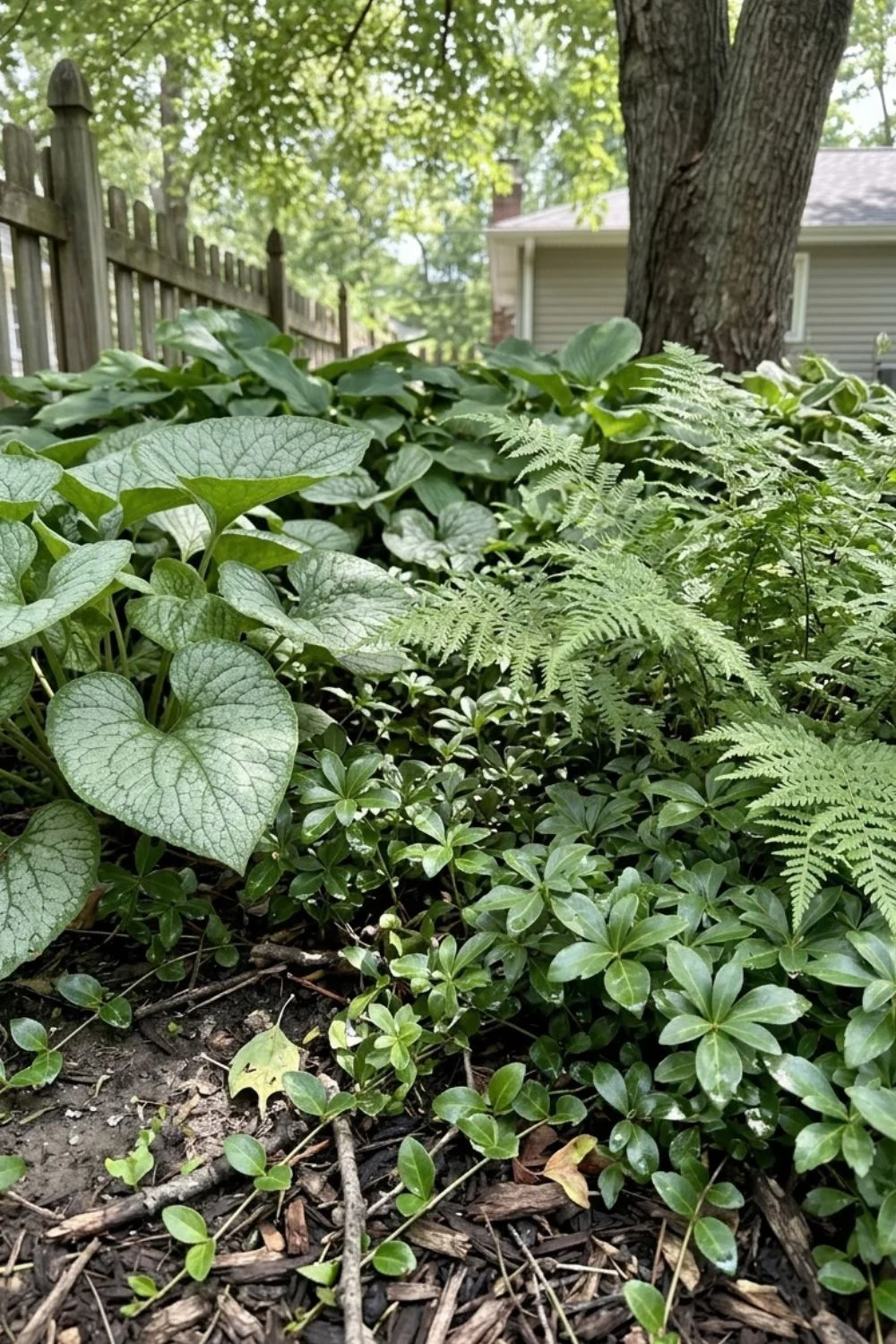 Contrasting Foliage Textures in a shaded suburban backyard garden