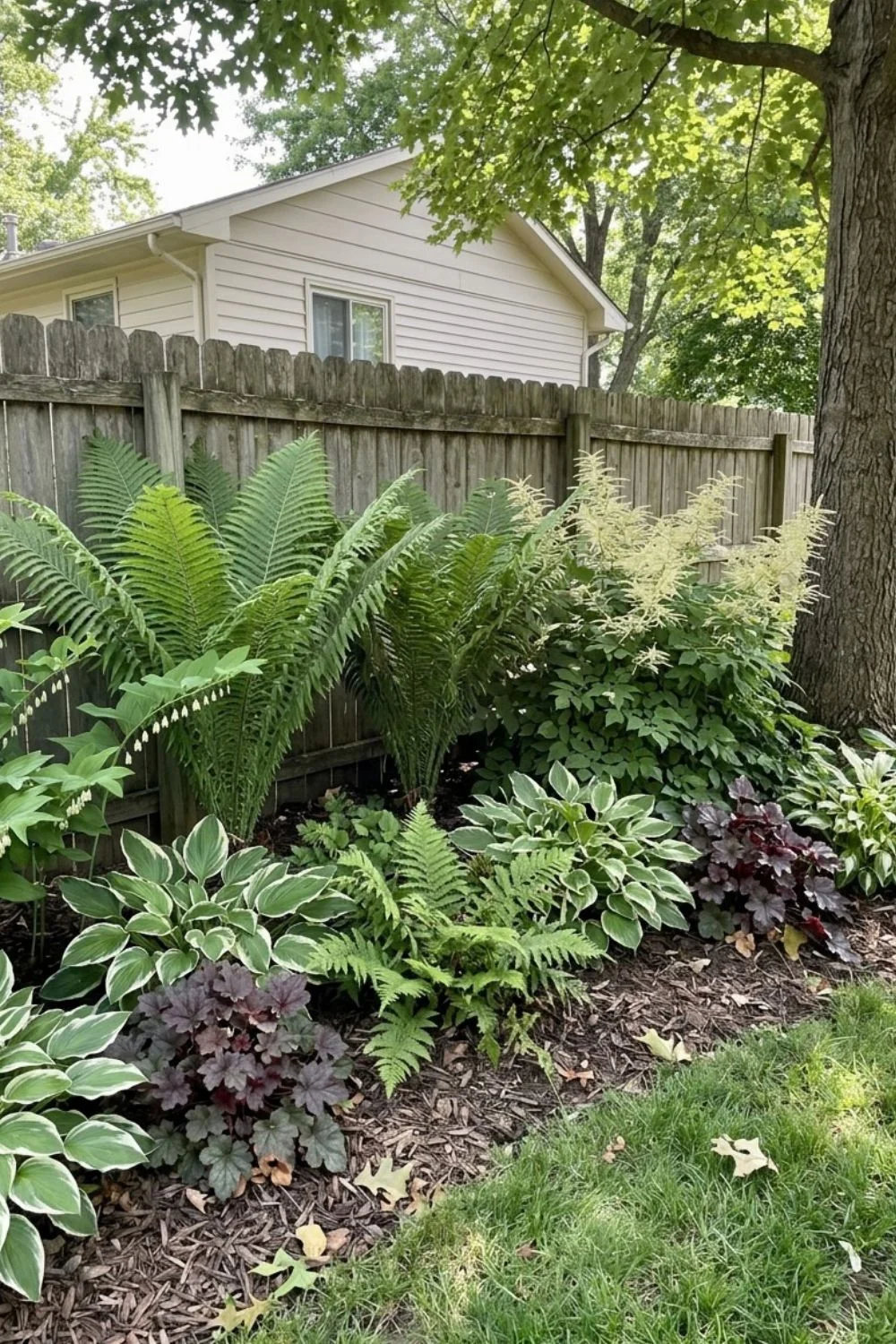 Tall Architectural Shade Plants in a shaded suburban backyard garden
