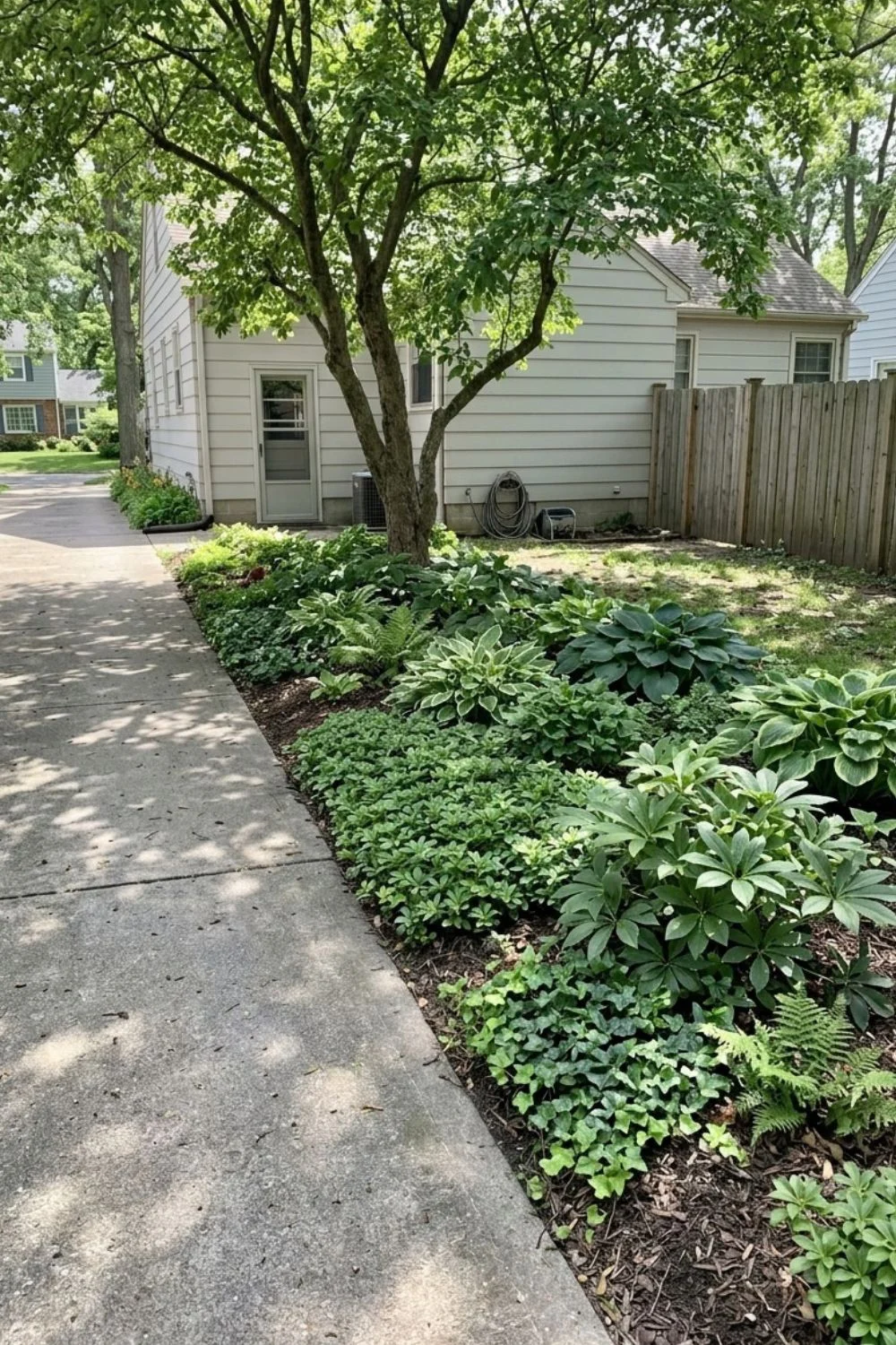 Driveway Border Shade Garden in a shaded suburban backyard garden