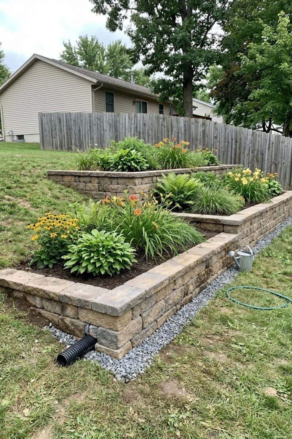 Tiered Retaining-Wall Garden Beds integrated into a sloped suburban backyard
