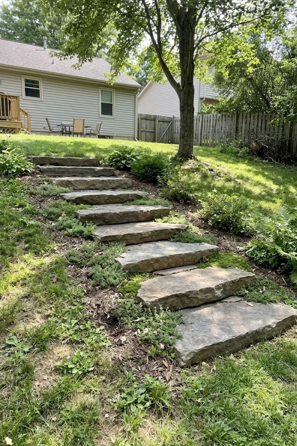 Natural Stone Steps integrated into a sloped suburban backyard