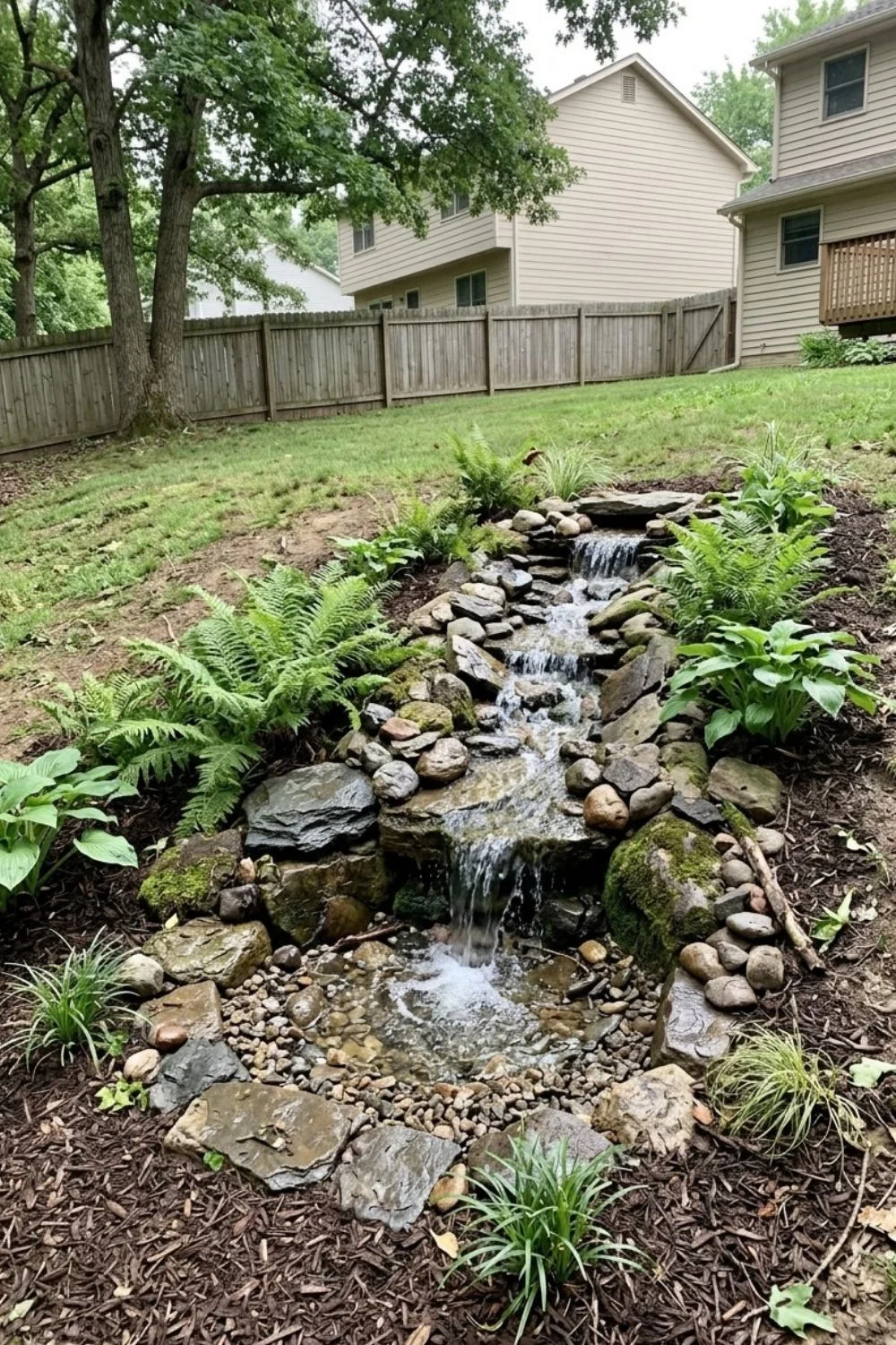 Cascading Water Feature integrated into a sloped suburban backyard