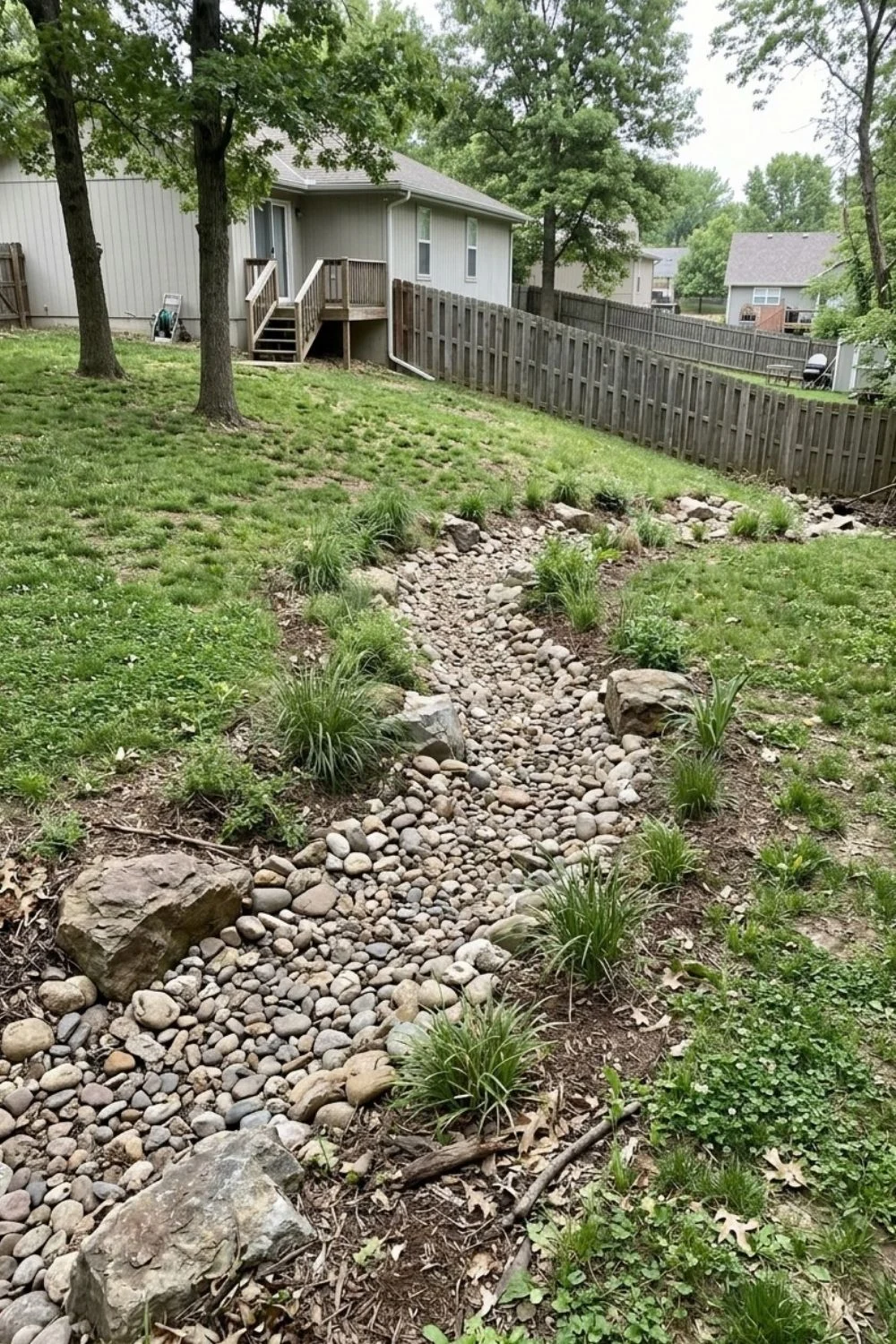 Dry Creek Bed for Runoff integrated into a sloped suburban backyard