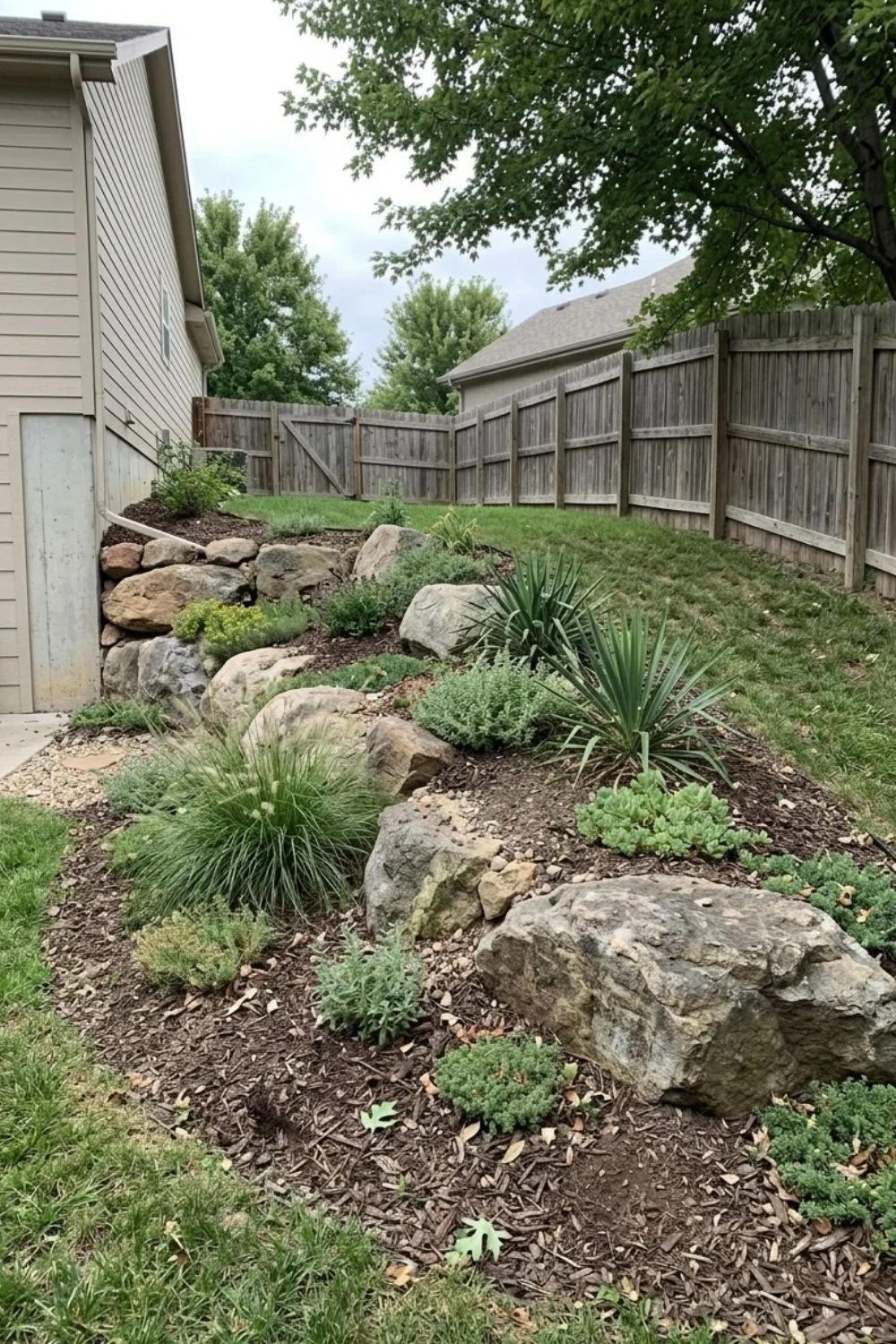 Boulder and Rock Garden integrated into a sloped suburban backyard