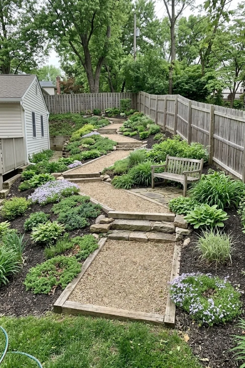 Switchback Garden Path integrated into a sloped suburban backyard