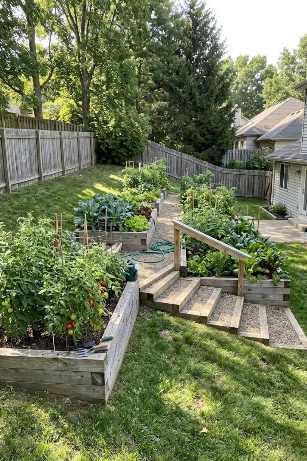 Terraced Vegetable Garden integrated into a sloped suburban backyard