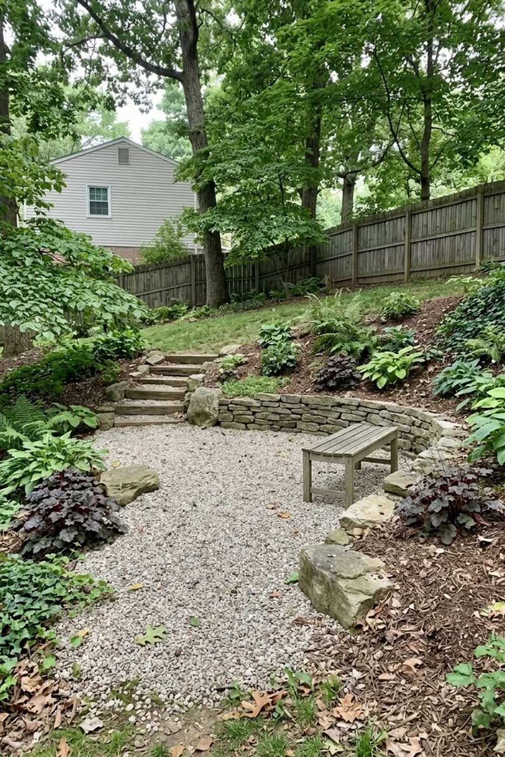 Zen Gravel Terrace integrated into a sloped suburban backyard