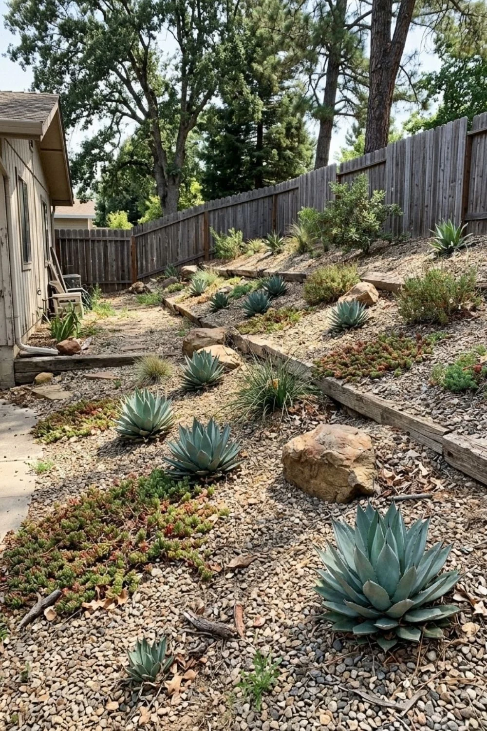 Succulent and Dry-Garden Slope integrated into a sloped suburban backyard