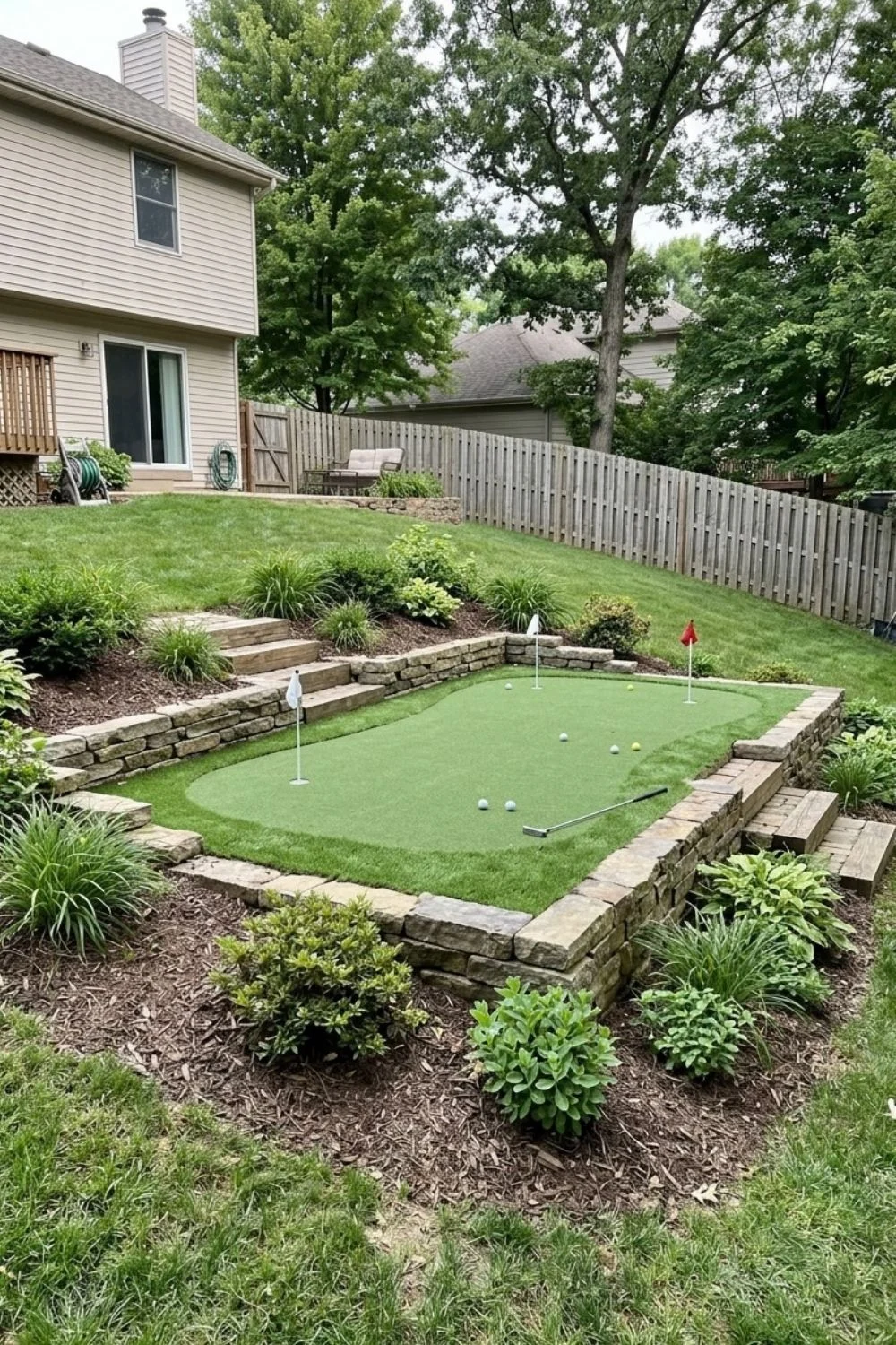 Backyard Putting Green Terrace integrated into a sloped suburban backyard