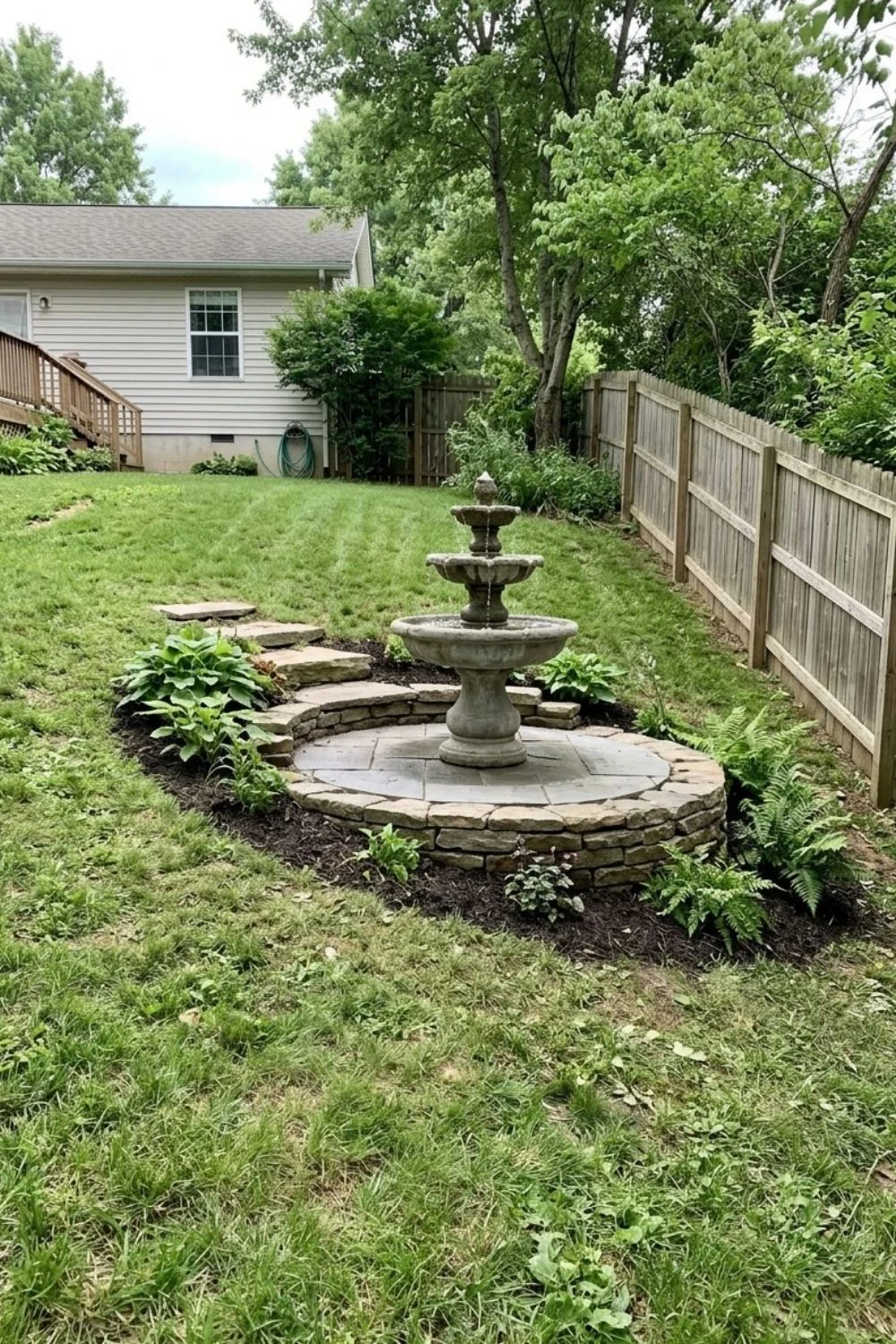 Tiered Water Fountain integrated into a sloped suburban backyard