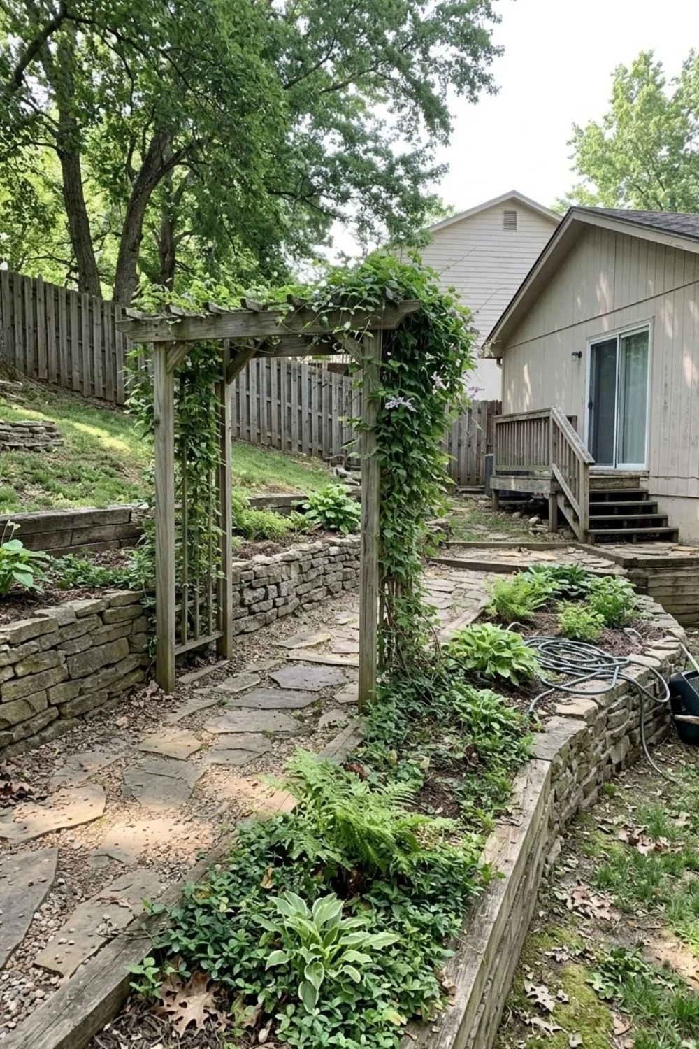 Trellises and Climbing Vines on the Slope integrated into a sloped suburban backyard