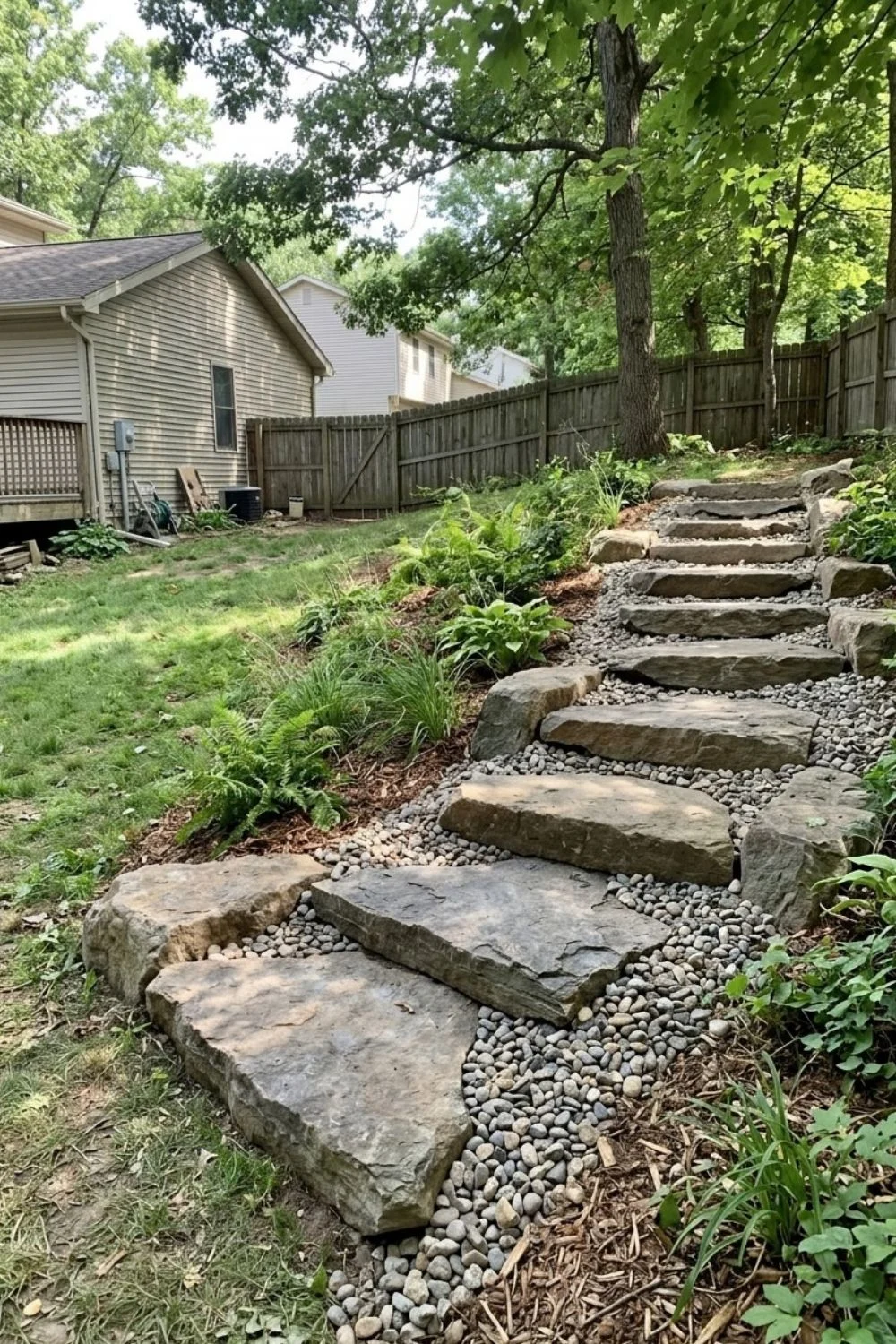 Natural Boulder Stairway integrated into a sloped suburban backyard