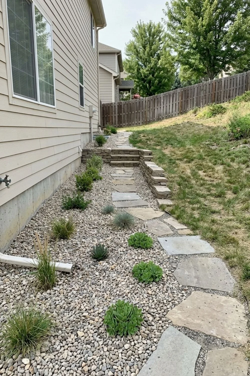 Fire-Safe Gravel and Paver Zone integrated into a sloped suburban backyard