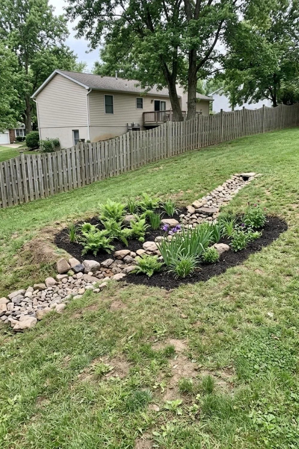 Sloped Rain Garden integrated into a sloped suburban backyard