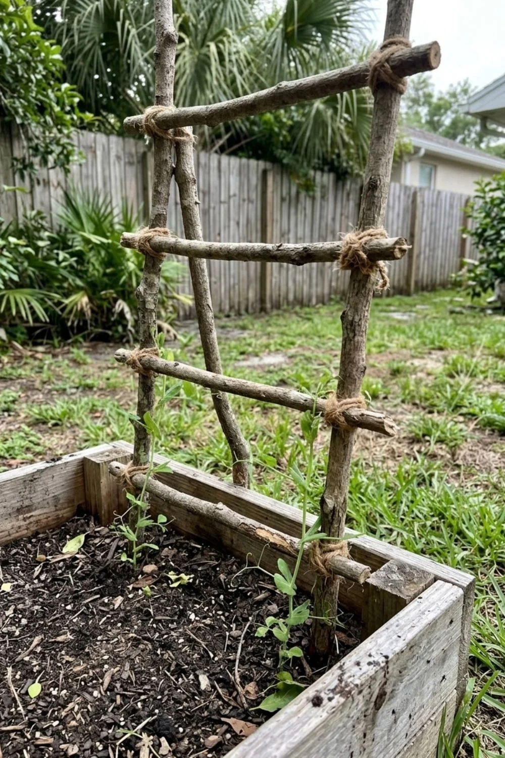 Rustic Branch Ladder Trellis supporting climbing vegetables in a small backyard garden