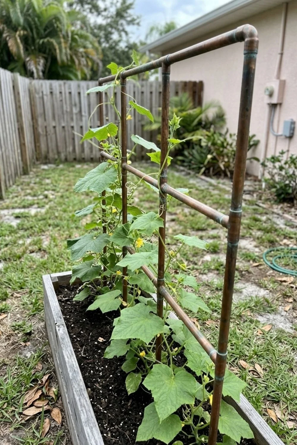 Copper Pipe Grid Trellis supporting climbing vegetables in a small backyard garden