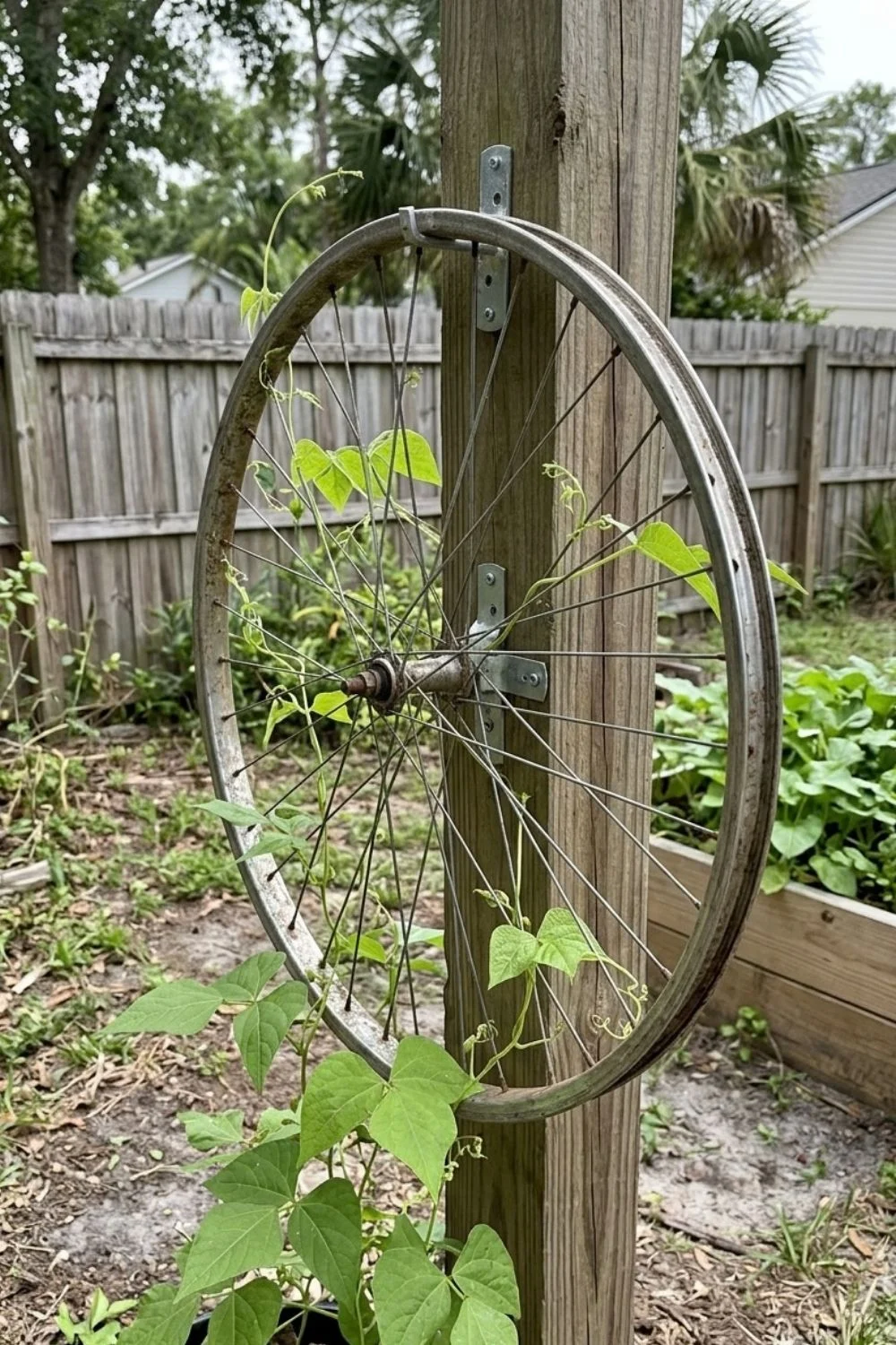 Upcycled Bicycle Wheel Trellis supporting climbing vegetables in a small backyard garden