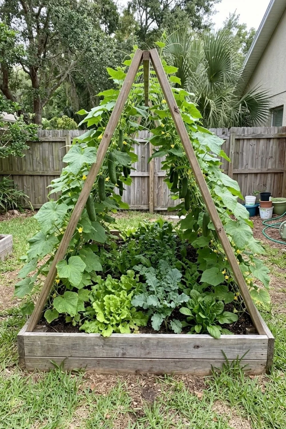 Classic Wood A-Frame Trellis supporting climbing vegetables in a small backyard garden
