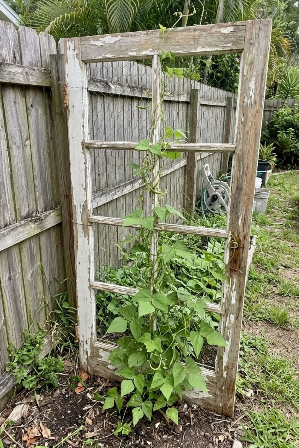 Repurposed Door Frame Trellis supporting climbing vegetables in a small backyard garden