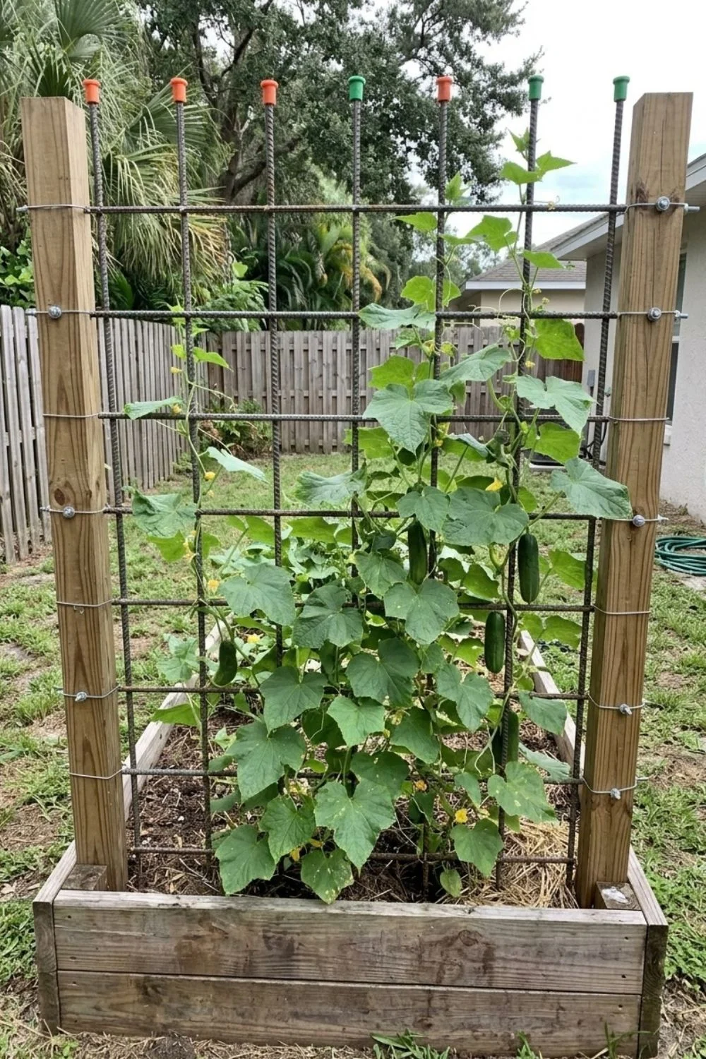Rebar Grid Trellis supporting climbing vegetables in a small backyard garden