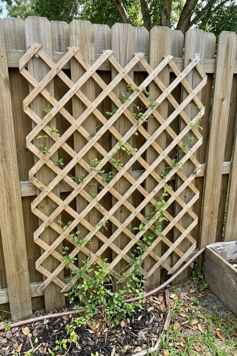 Accordion Trellis supporting climbing vegetables in a small backyard garden