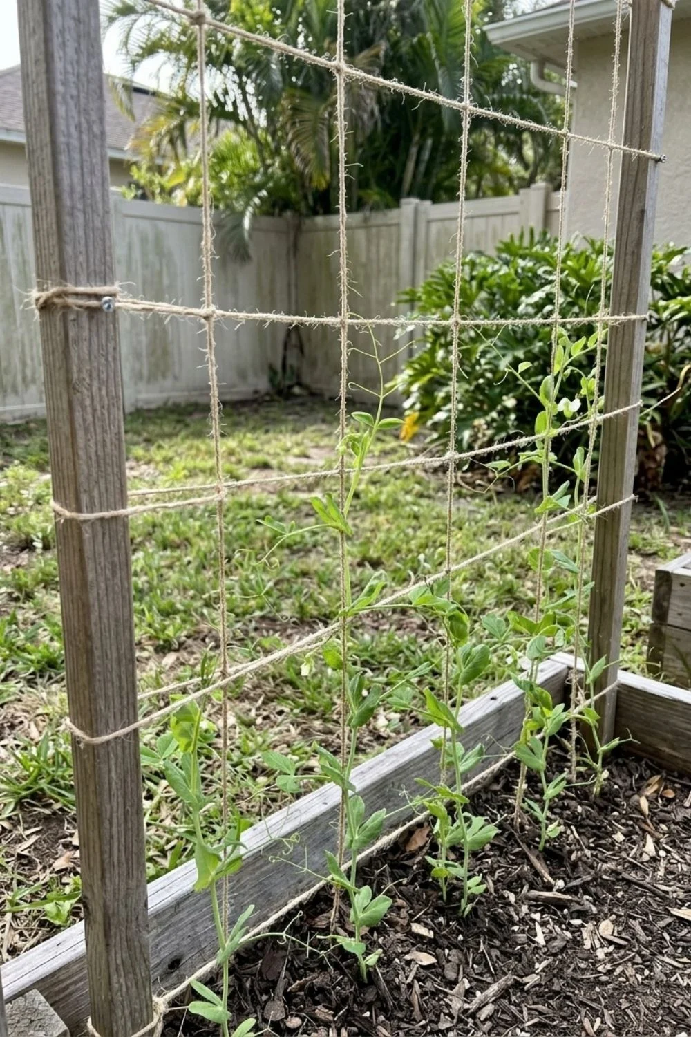 String Grid Trellis supporting climbing vegetables in a small backyard garden