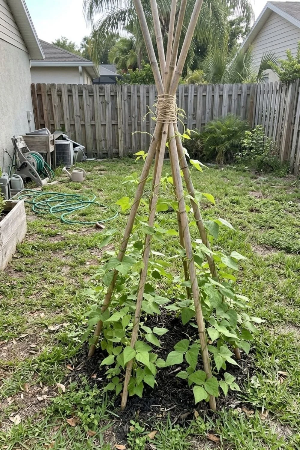 Bamboo Teepee Trellis supporting climbing vegetables in a small backyard garden