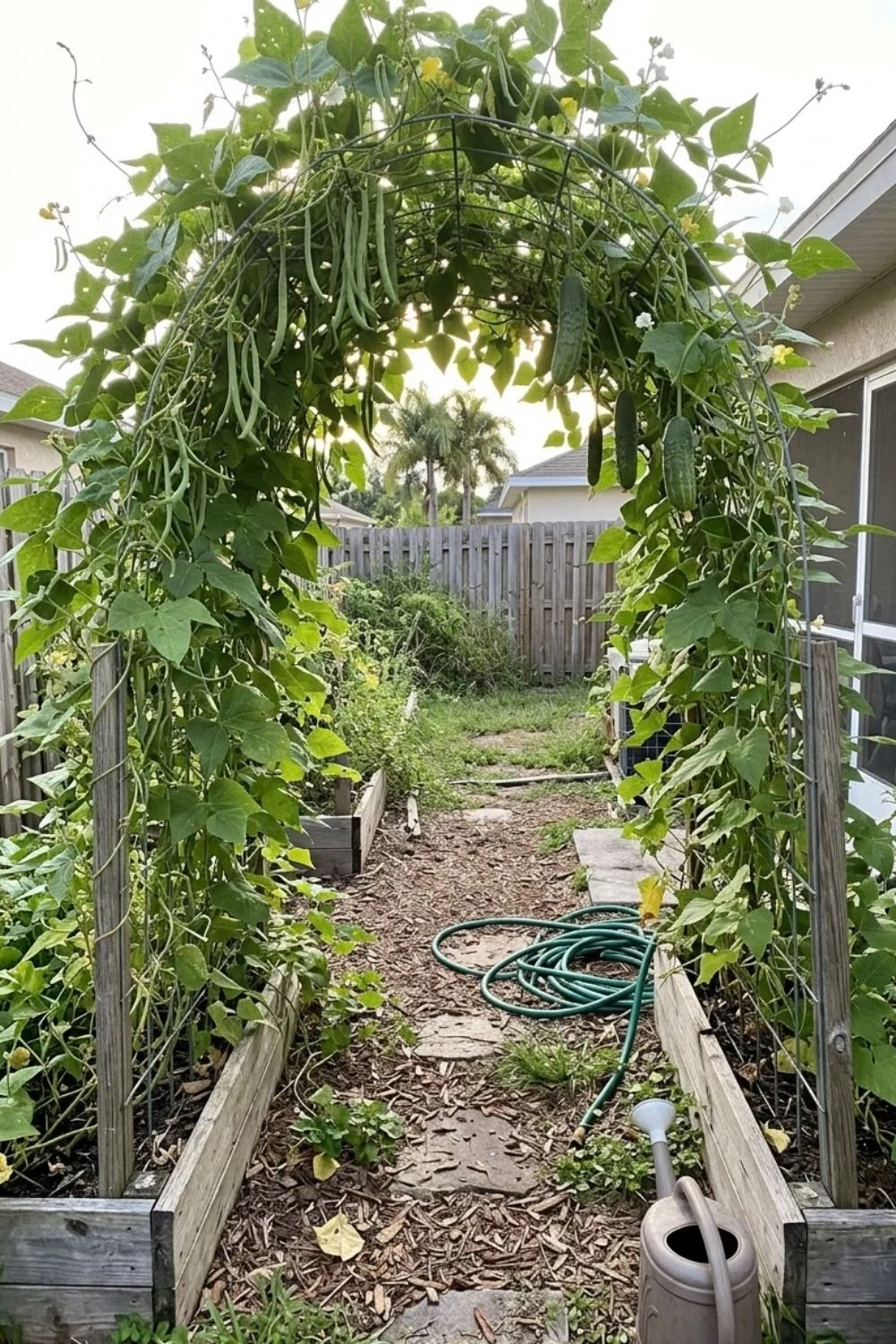 Living Arch Trellis supporting climbing vegetables in a small backyard garden