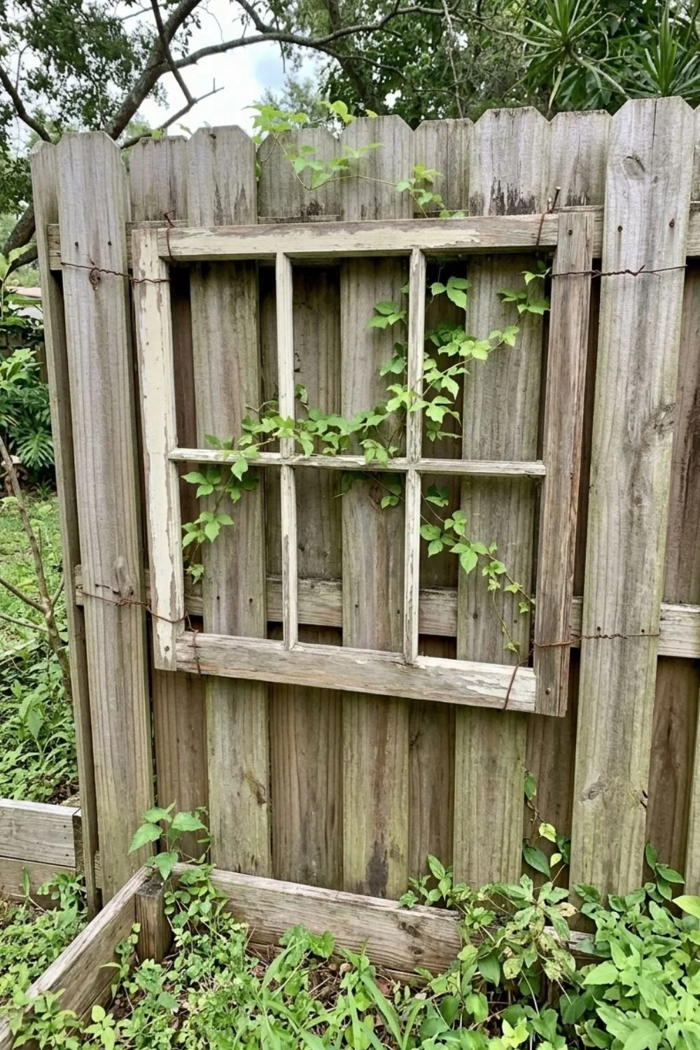 Salvaged Window Frame Trellis supporting climbing vegetables in a small backyard garden