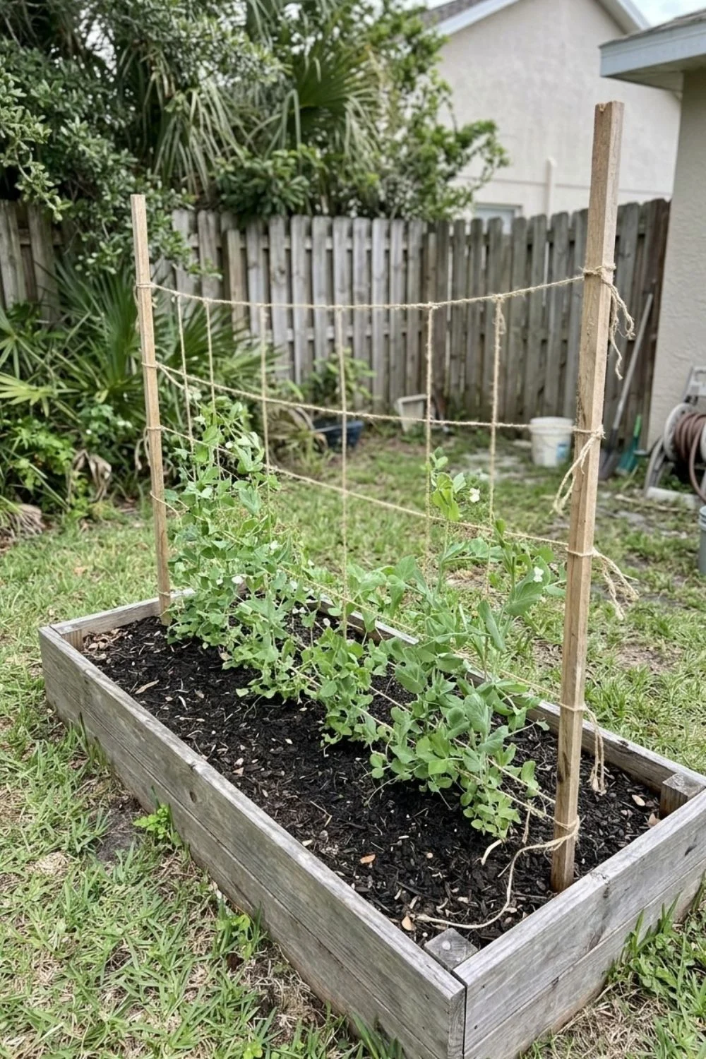 Simple Stake-and-Twine Trellis supporting climbing vegetables in a small backyard garden