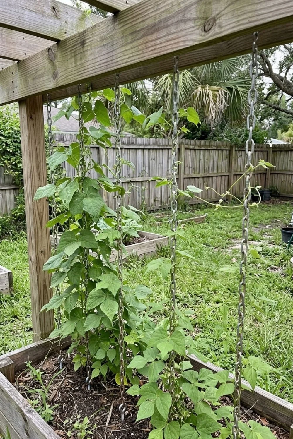 Hanging Chain Trellis supporting climbing vegetables in a small backyard garden