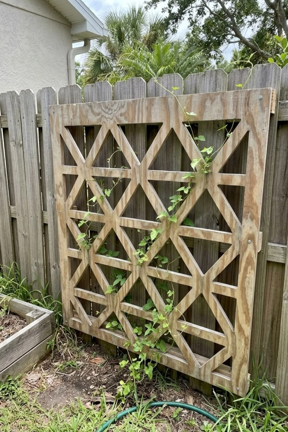 Geometric Plywood Trellis supporting climbing vegetables in a small backyard garden