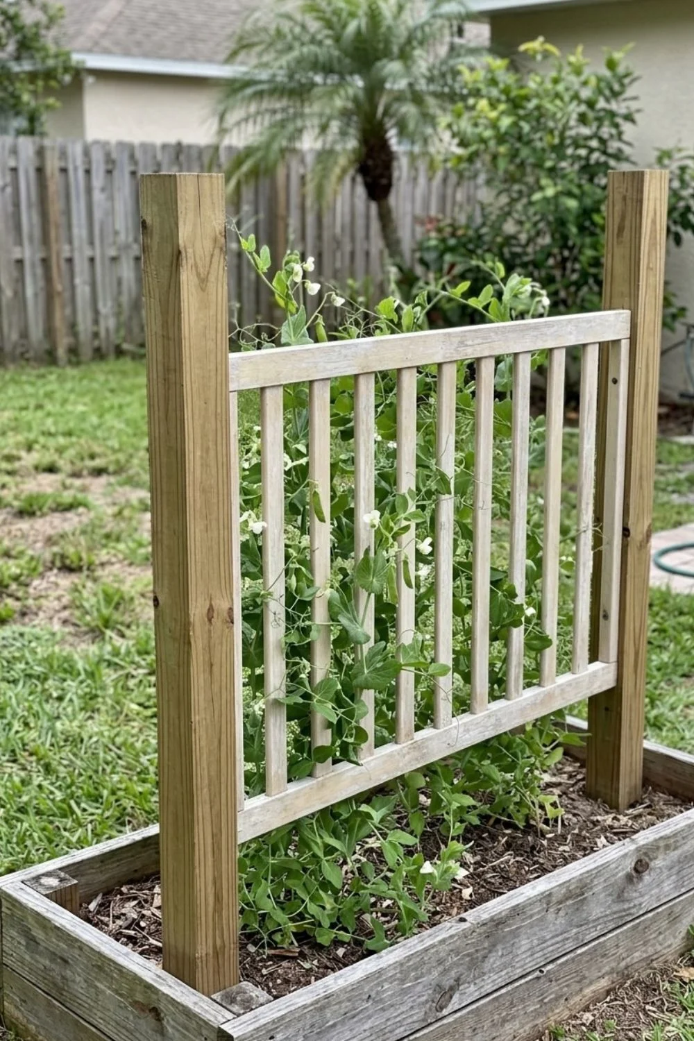 Repurposed Crib Rail Trellis supporting climbing vegetables in a small backyard garden