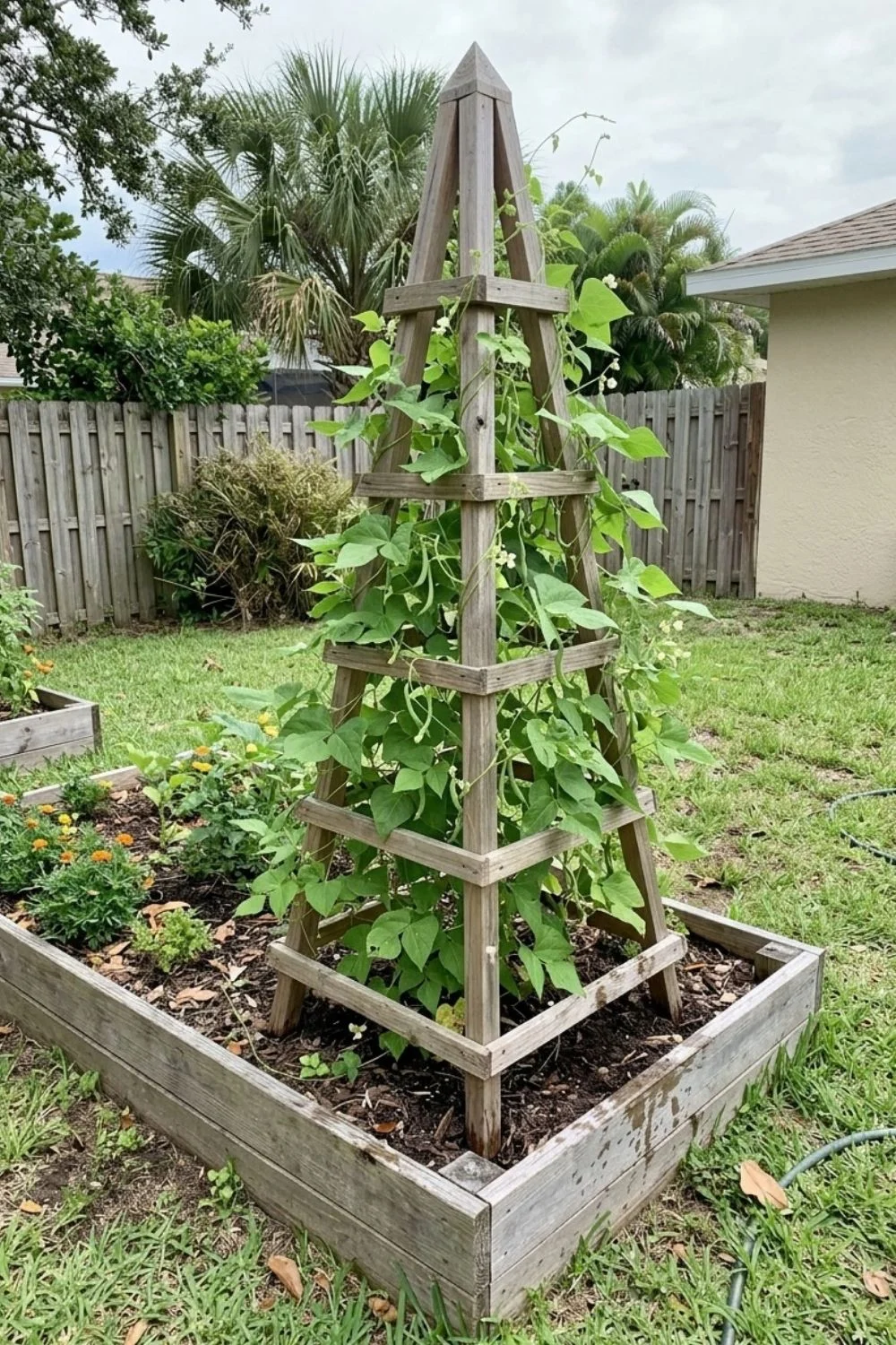 Wood Garden Obelisk supporting climbing vegetables in a small backyard garden