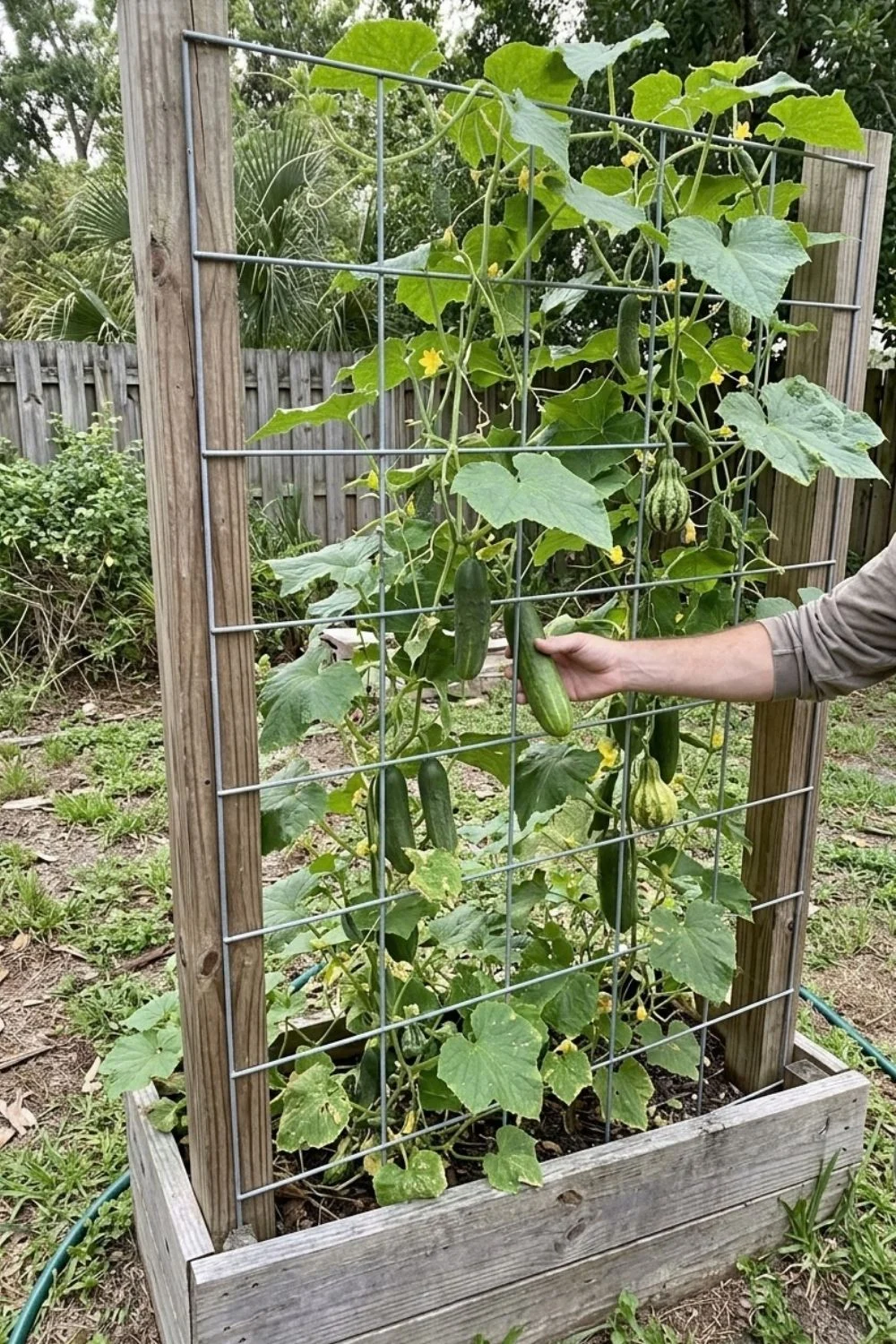 Cattle Panel Trellis supporting climbing vegetables in a small backyard garden