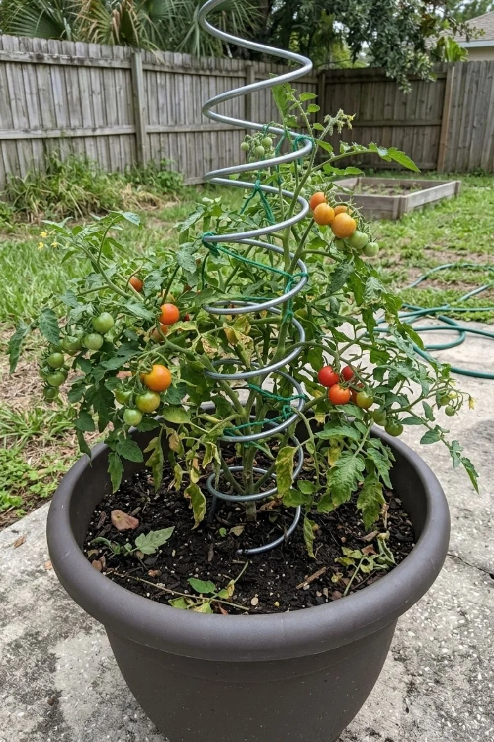 Spiral Trellis supporting climbing vegetables in a small backyard garden