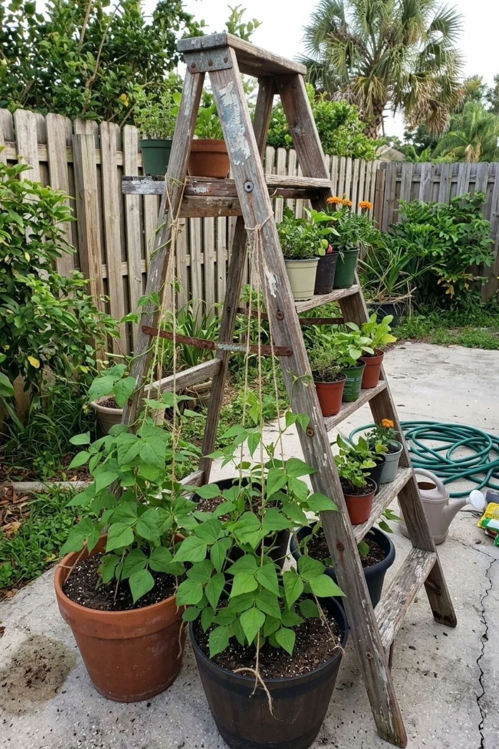 Ladder-and-Pot Trellis supporting climbing vegetables in a small backyard garden