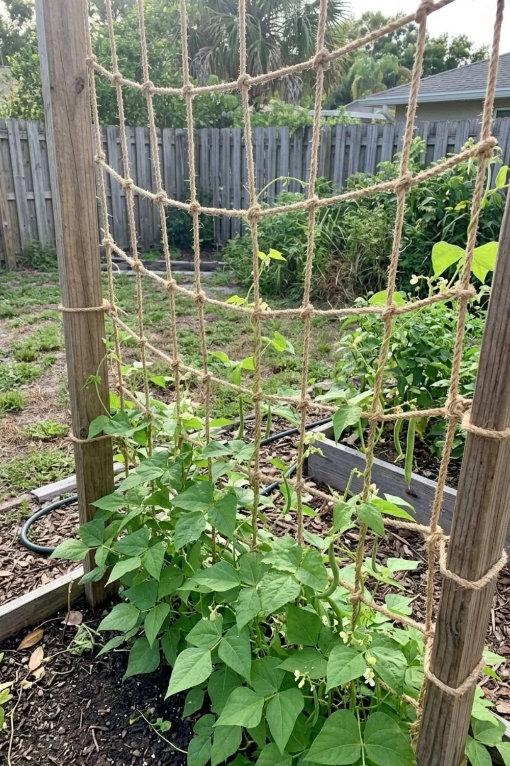 Rope Net Trellis supporting climbing vegetables in a small backyard garden
