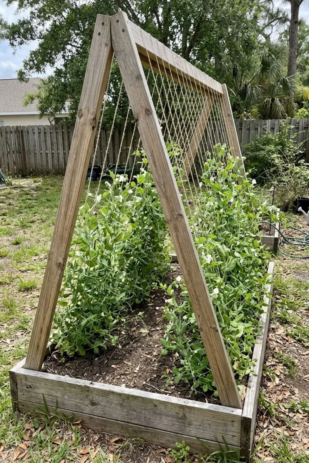 A-Frame String Trellis supporting climbing vegetables in a small backyard garden