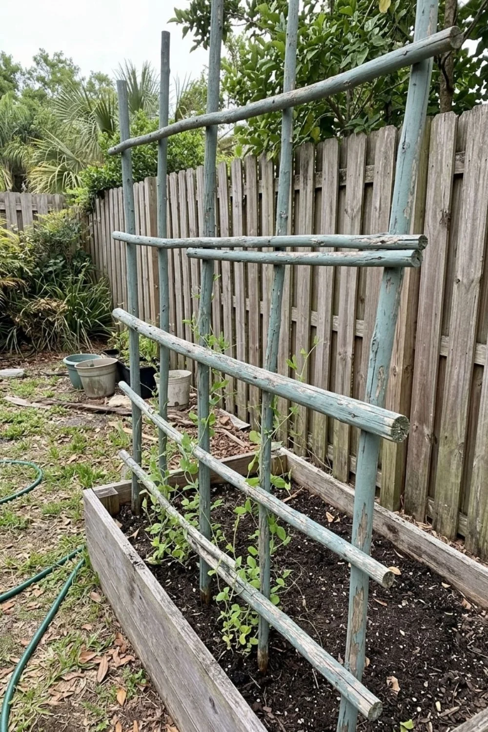 Painted Branch Trellis supporting climbing vegetables in a small backyard garden