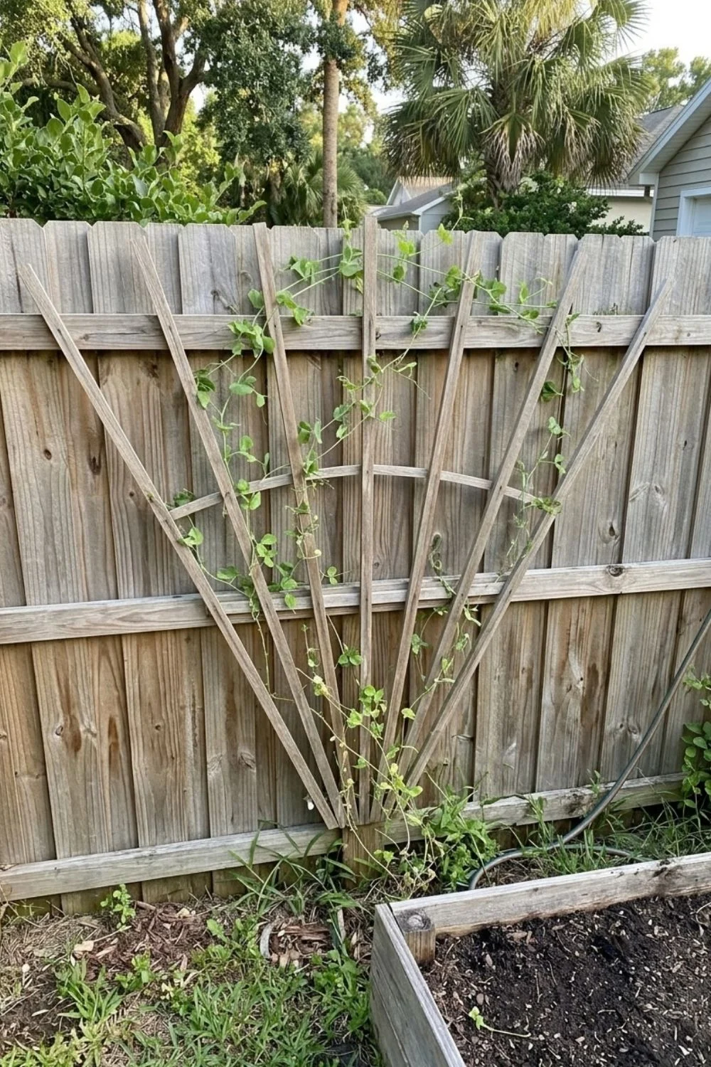 Wall Fan Trellis supporting climbing vegetables in a small backyard garden