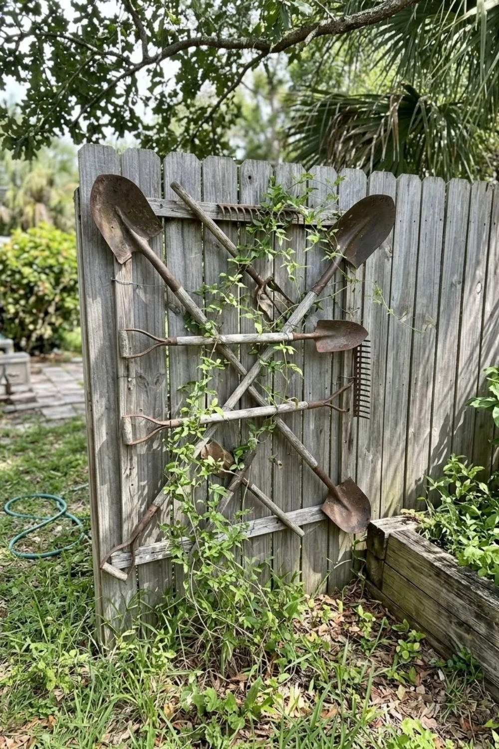 Repurposed Garden Tool Trellis supporting climbing vegetables in a small backyard garden