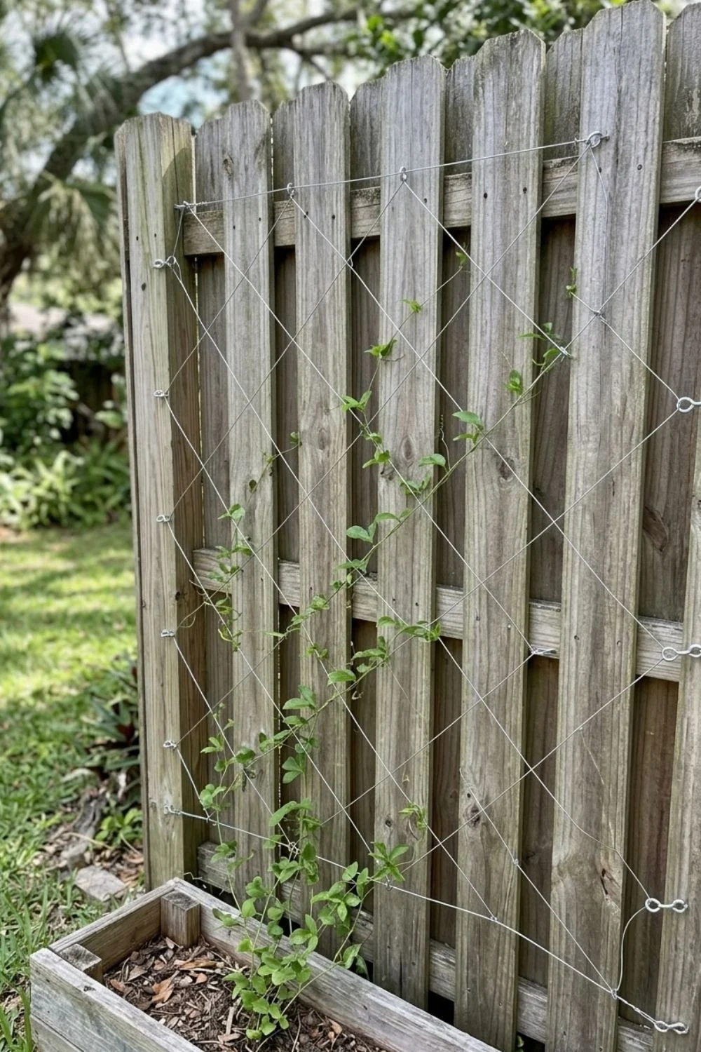 Minimalist Wire Wall Trellis supporting climbing vegetables in a small backyard garden